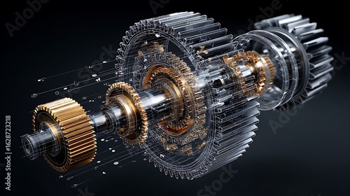 Exploded gear assembly rotates against black background. Illustrates engineering, mechanics, design. Ideal for tech, marketing, editorial uses.