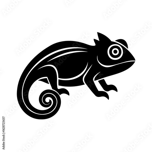 Black Silhouette of a Chameleon with a Curly Tail and Distinctive Eyes