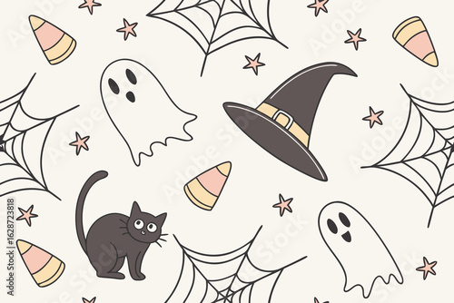 Halloween, Charming halloween pattern featuring cute ghosts bats pumpkins and a witch for festive designs