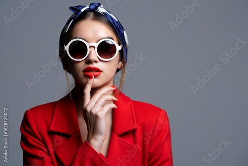 Portrait of stylish woman in red blazer round sunglasses and headscarf on grey background