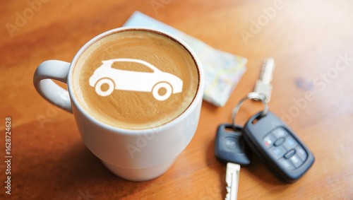 Coffee mug with a white car icon latte art, alongside car keys and a map on a wooden table. new car dreams, travel planning, road trips, and the automotive journey.