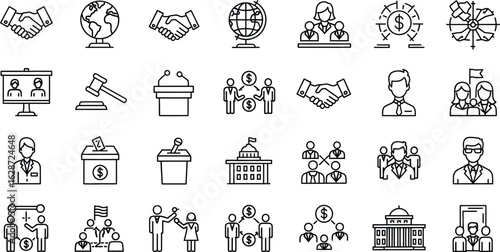 A collection of political and business icons in a line art style set