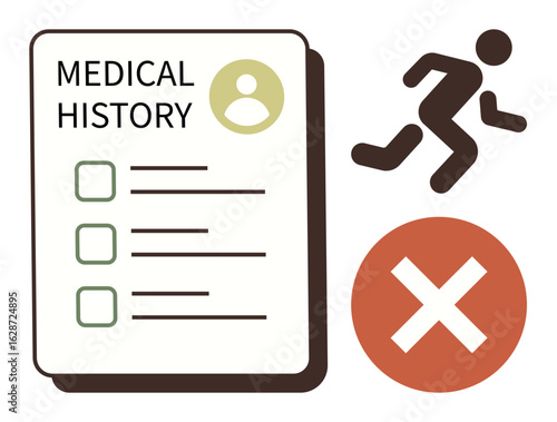 Medical history form with checklist, running figure, and prohibition symbol. Ideal for health records, medical evaluations, fitness programs, restrictions, safety guidelines, warnings simple flat