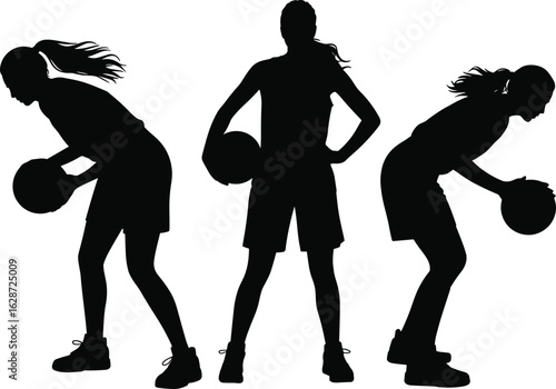 Basketball player silhouettes in dynamic dribbling and standing poses, black vector art on white background, sports action concept