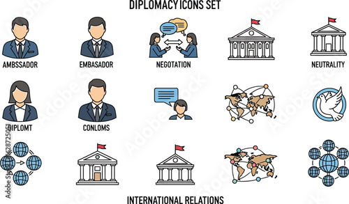 Depiction of diplomacy icons set including ambassadors and negotiation