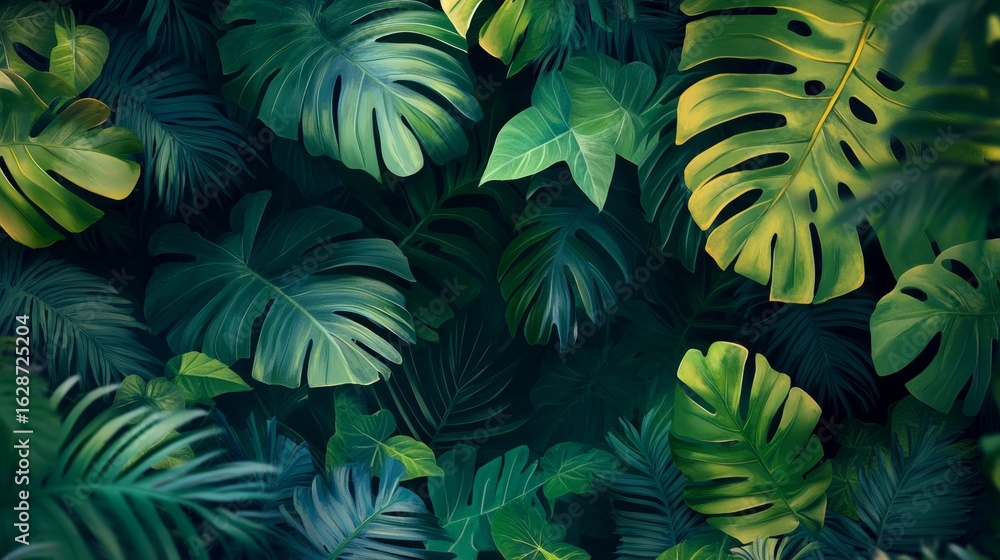 A vibrant jungle background with exotic green plants A vibrant jungle background with exotic green plants