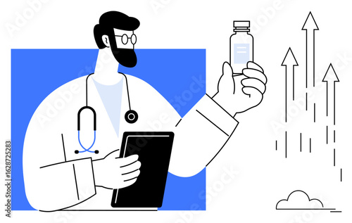 Male doctor with stethoscope and tablet examining medication bottle, accompanied by upward arrows. Ideal for healthcare, innovation, medical research, pharmaceutical growth, patient care, progress