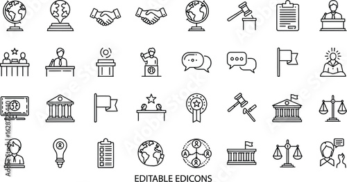 A collection of outline icons representing law and government concepts
