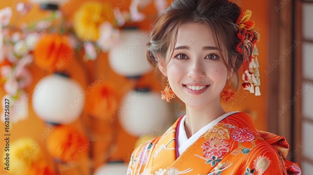 Japanese woman in orange floral kimono, Smiling indoor portrait with festive background, Traditional attire with cultural ornaments, Elegant heritage fashion style
Japanese woman in orange floral kimono, Smiling indoor portrait with festive background, Traditional attire with cultural ornaments, Elegant heritage fashion style