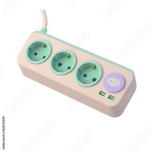Modern power strip with three outlets and usb ports isolated on transparent background