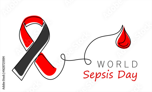 World Sepsis Day. Continuous one line of ribbon and blood drop for world Sepsis day isolated on white background. Hand drawn one line vector. Editable stroke