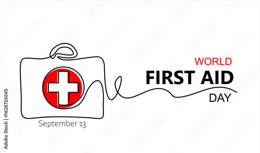 Fototapeta premium World First Aid Day. One continuous single line of first aid box for world health day isolated on white background. Hand drawn one line vector. Editable stroke