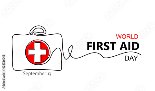World First Aid Day. One continuous single line of first aid box for world health day isolated on white background. Hand drawn one line vector. Editable stroke