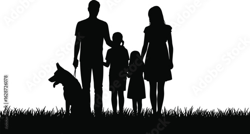 Family silhouette with dog, parents and children standing together, black white nature scene, grassy field, bonding, unity, outdoor pet moment