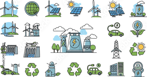A collection of illustrations depicting various sources of energy icons