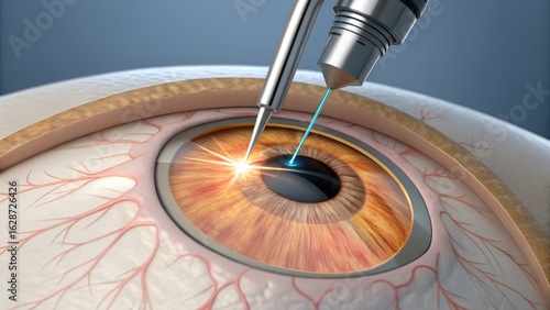 Laser eye surgery (LASIK) in high detail — corneal flap lifting, laser reshaping stroma with pulsating light