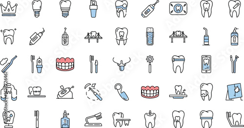 Dental care icons showing teeth implants and hygiene on a white background