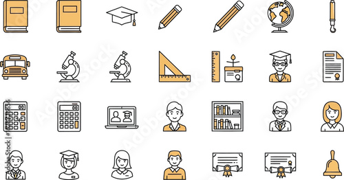 A collection of educational icons including books and school supplies