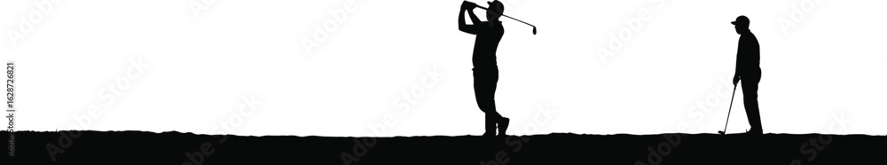 Obraz premium Golf silhouettes of players, swinging pose, observing stance, black white art, sports motion, golf course scene, leisure activity, club action