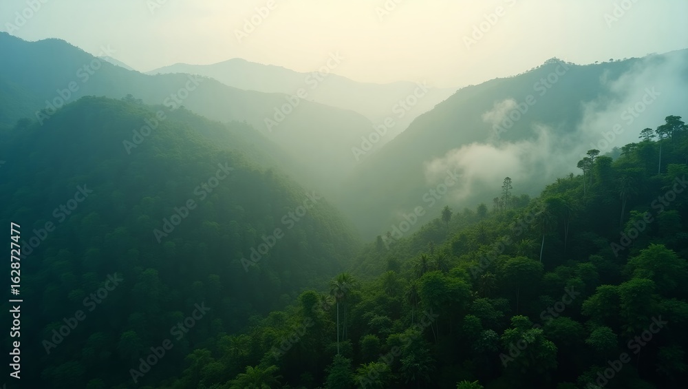 Naklejka premium Misty Green Mountain Valley in the Morning Light