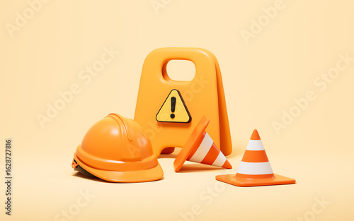 Warning signs and safety helmets, breakdown maintenance, Traffic maintenance and so on concepts, 3d rendering.