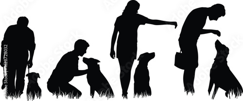Set of five dog training silhouettes, human pet interaction, commands and treats, black white design, bonding, obedience, outdoor scene