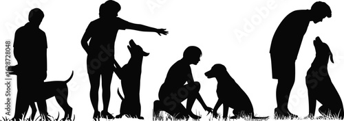 Set of five dog interaction silhouettes, human pet bonding, training gestures, black white design, obedience poses, communication, outdoor scene