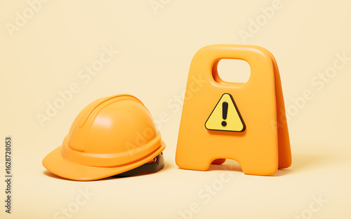 Warning signs and safety helmets, breakdown maintenance, Traffic maintenance and so on concepts, 3d rendering.
