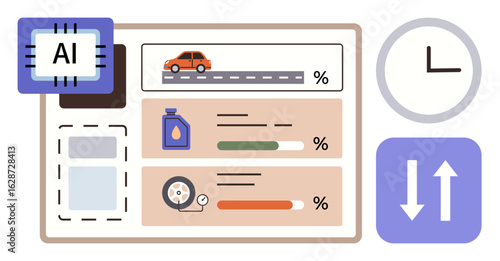 Dashboard showcasing AI analysis of car health, including oil level, tire health, and mileage. Ideal for maintenance management, technology, automotive repair, optimization, monitoring efficiency