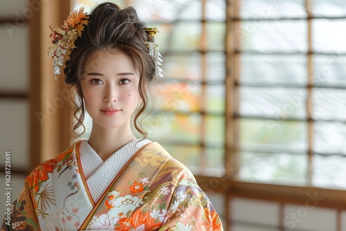 Japanese woman in gold and orange floral kimono, Standing indoors near shoji window, Traditional hairstyle with flowers, Soft daylight cultural portrait

