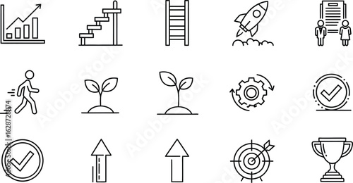 A collection of business and growth related icons in a line art style
