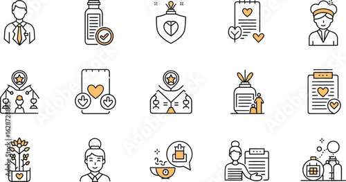 A collection of health and wellness related icons on a white background