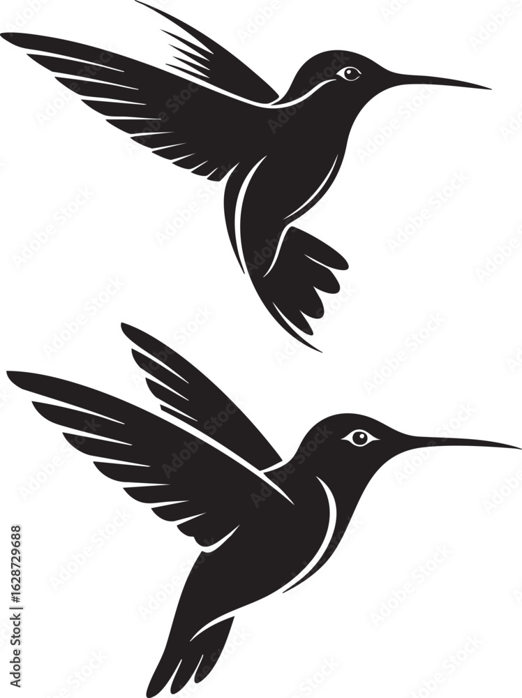 Obraz premium Vector art of two hummingbird silhouettes flying isolated on white background