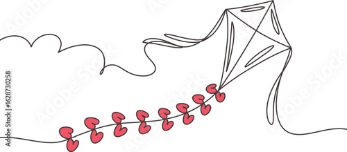Whimsical kite with heart tail soars high on a breezy day, capturing pure joy and carefree summer fun