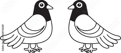Isolated black pigeon silhouettes, two pigeons facing each other, one with neck ring, white eyes and white tail, the other fully black, peaceful minimalist design for birdwatching, love, or nature the