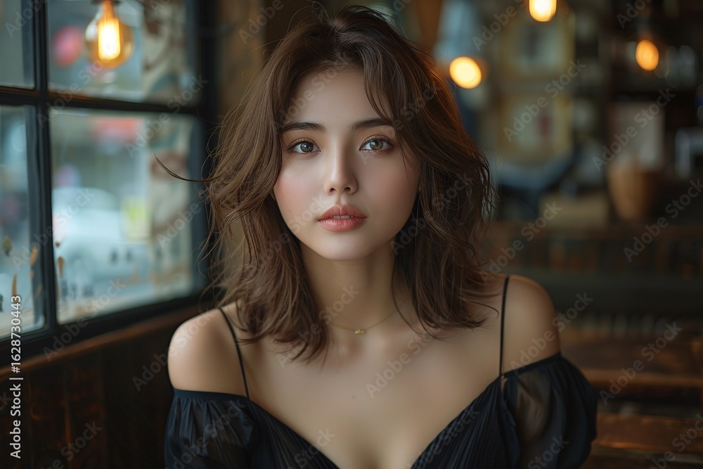 Obraz premium Young Japanese woman in black off shoulder dress, Sitting by cafe window, Minimalist indoor portrait, Natural light photography, Soft background blur, Fashion lifestyle concept