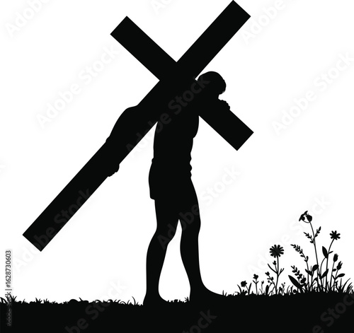 Silhouette of person carrying cross on shoulder, grassy foreground with flowers, symbolic sacrifice theme, white background, vector art design