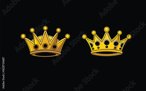 Two golden crowns on black background, royal symbol of power