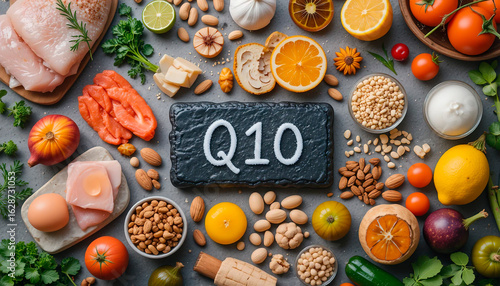 A macro shot of various foods that are sources of coenzyme Q10.