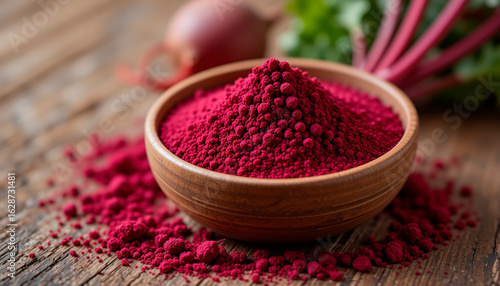 A neat pile of rich purple powder is laid out on the countertop. The fine crystalline texture of the beetroot powder is visible, Fine particles of powder