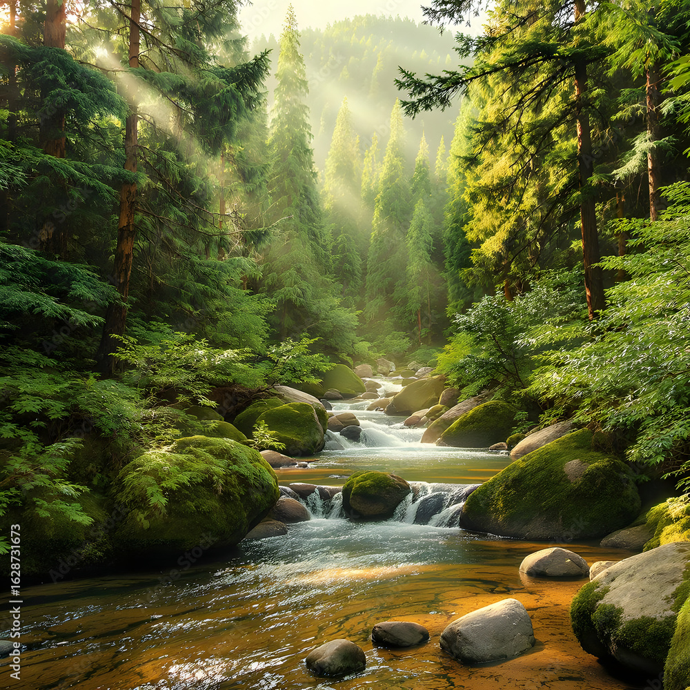 Obraz premium Sunlit Forest River with Mossy Rocks – Tranquil Nature Landscape in 4K