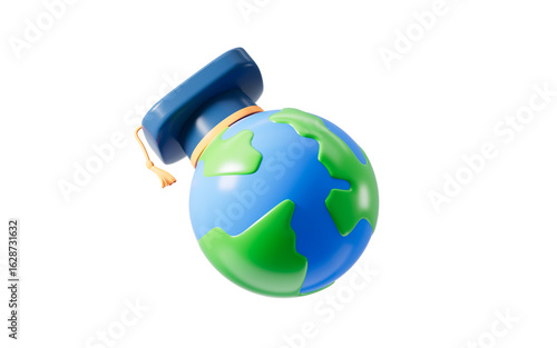 The cartoon Earth is wearing a mortarboard, international school, study abroad, global academic exchanges and so on concepts, 3d rendering.