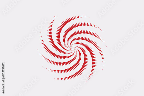 A red spiral pattern made of teardrop shapes and dots on a white background forming a vortex design