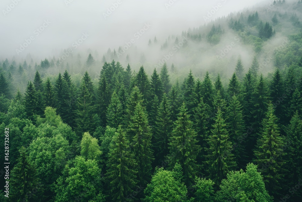 The morning light casts a mystical spell on foggy trees nestled within the misty mountains and fir forest The morning light casts a mystical spell on foggy trees nestled within the misty mountains and fir forest