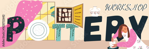Text Pottery workshop. Hand drawn vector illustration.
