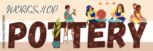 Text Pottery workshop. Hand drawn vector illustration.
