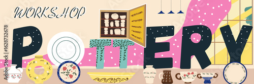 Text Pottery workshop. Hand drawn vector illustration.