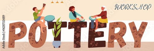 Text Pottery workshop. Hand drawn vector illustration.
