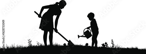 Silhouette of two people gardening, hoe and watering can, outdoor activity, black white nature scene, teamwork, planting, family moment