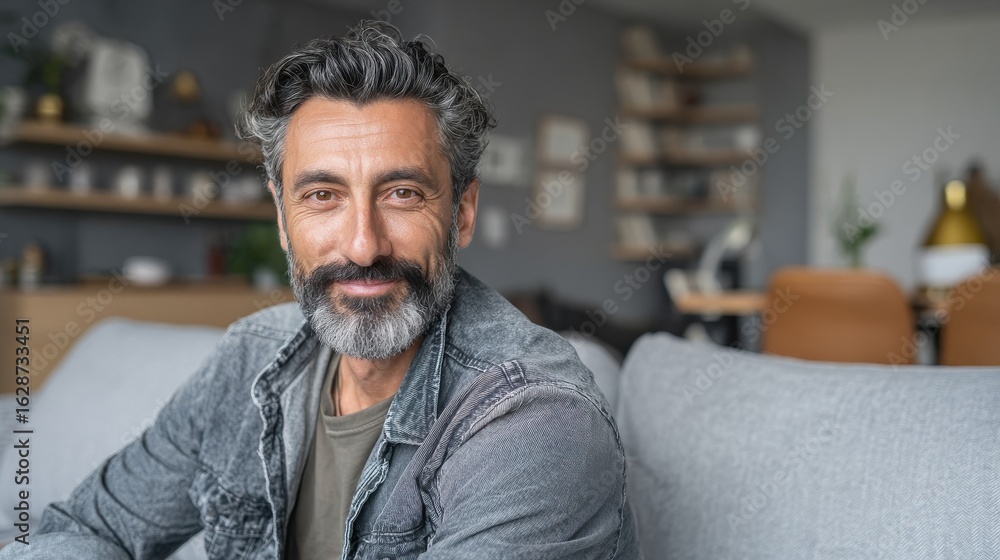 Obraz premium portrait of handsome mature man relaxing on couch at home while looking at camera mixed race man in casual clothing sitting on sofa and smiling with copy space successful happy middle eastern guy no
